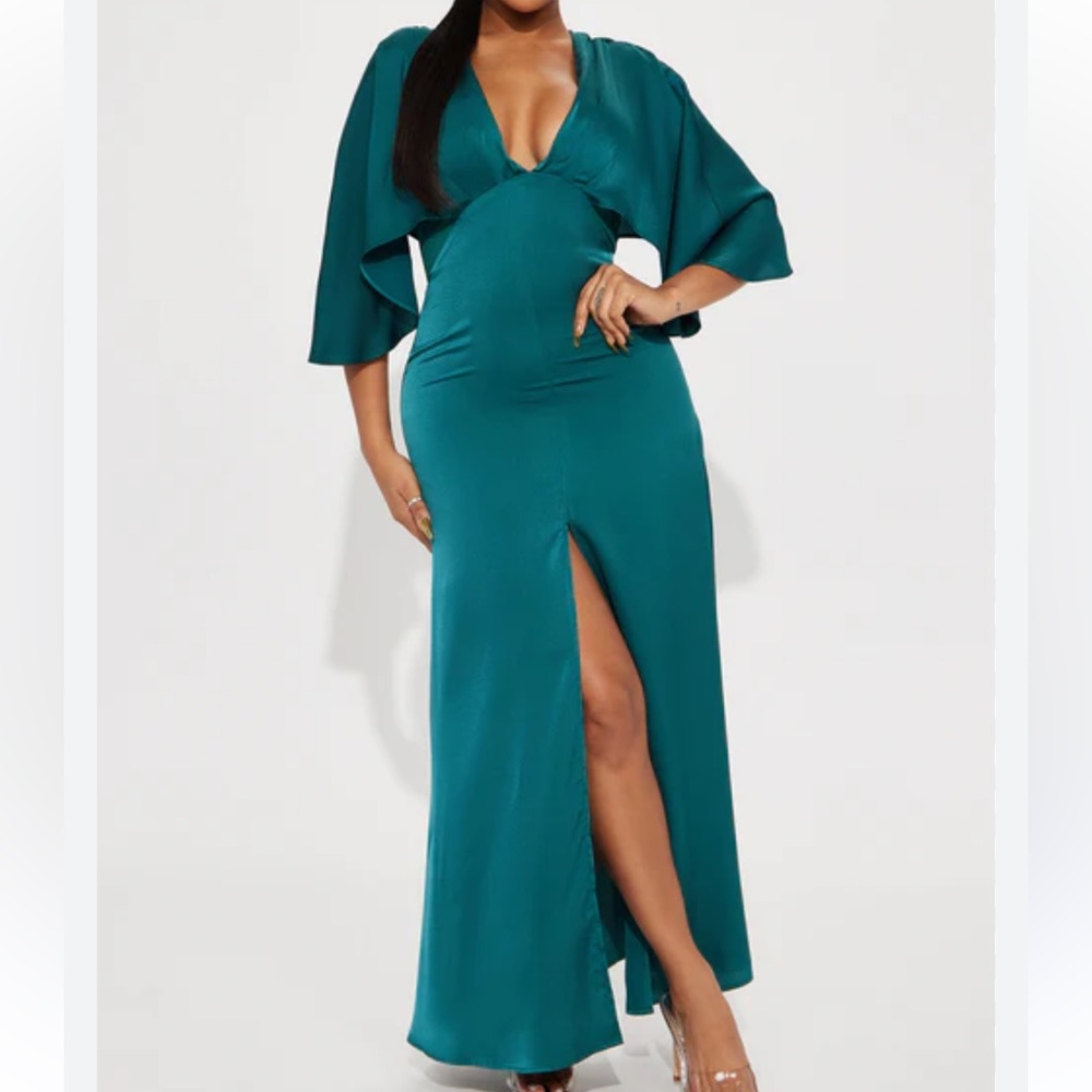 Fashion Nova Elegant Teal Evening Satin Maxi Dress